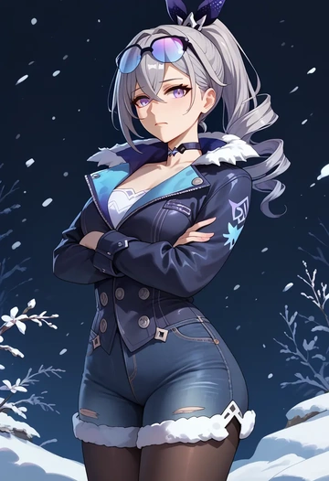 star rail,silver wolf,denim jacket,cropped,leather leggings  - AI generated anime art